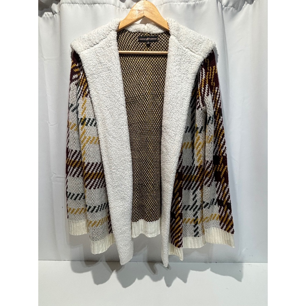 Almost Famous Plaid Hooded Cardigan Womens Small Cream Burgundy Sherpa Lined